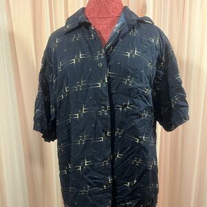 J. Ferrar Navy Rayon Button-Up with Gold Pattern